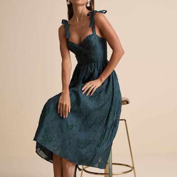 Lulus Loveliest Muse Dark Teal Burnout Floral Tie-strap Midi Dress Green - Picture 1 of 6